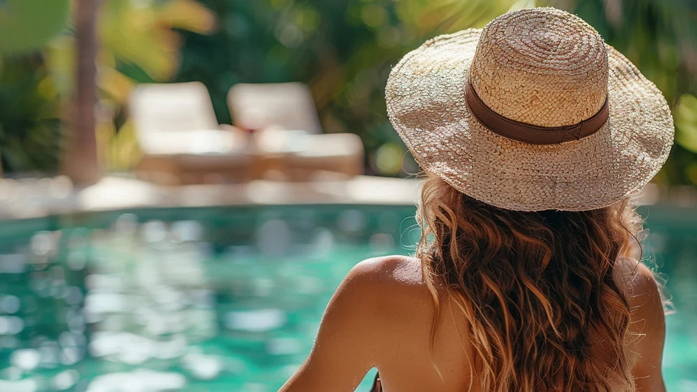 Femme de dos au bord d’une piscine, ses cheveux colorés protégés par un chapeau de paille.