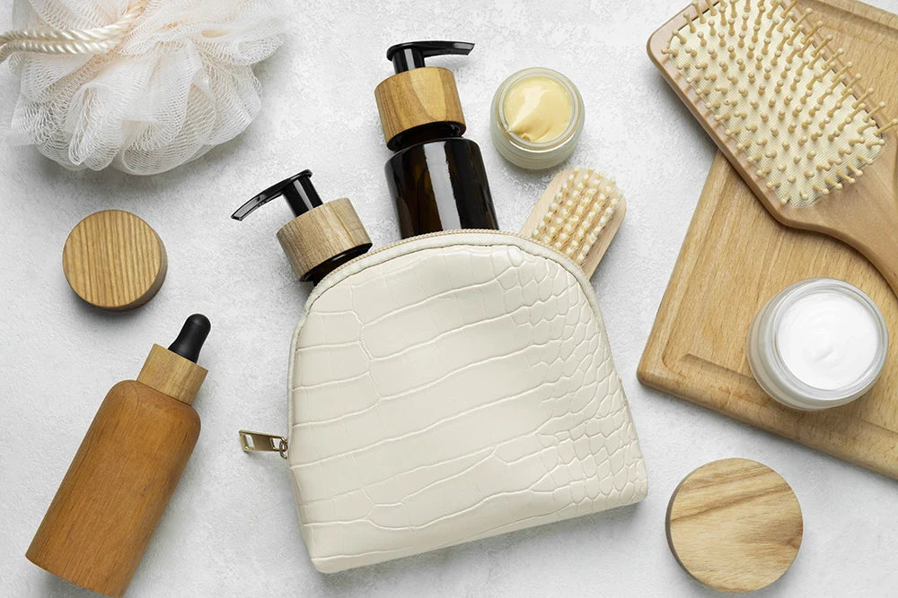Trousse beauté naturelle avec soins visage, corps et cheveux en flacons, brosse et accessoires éco-responsables.