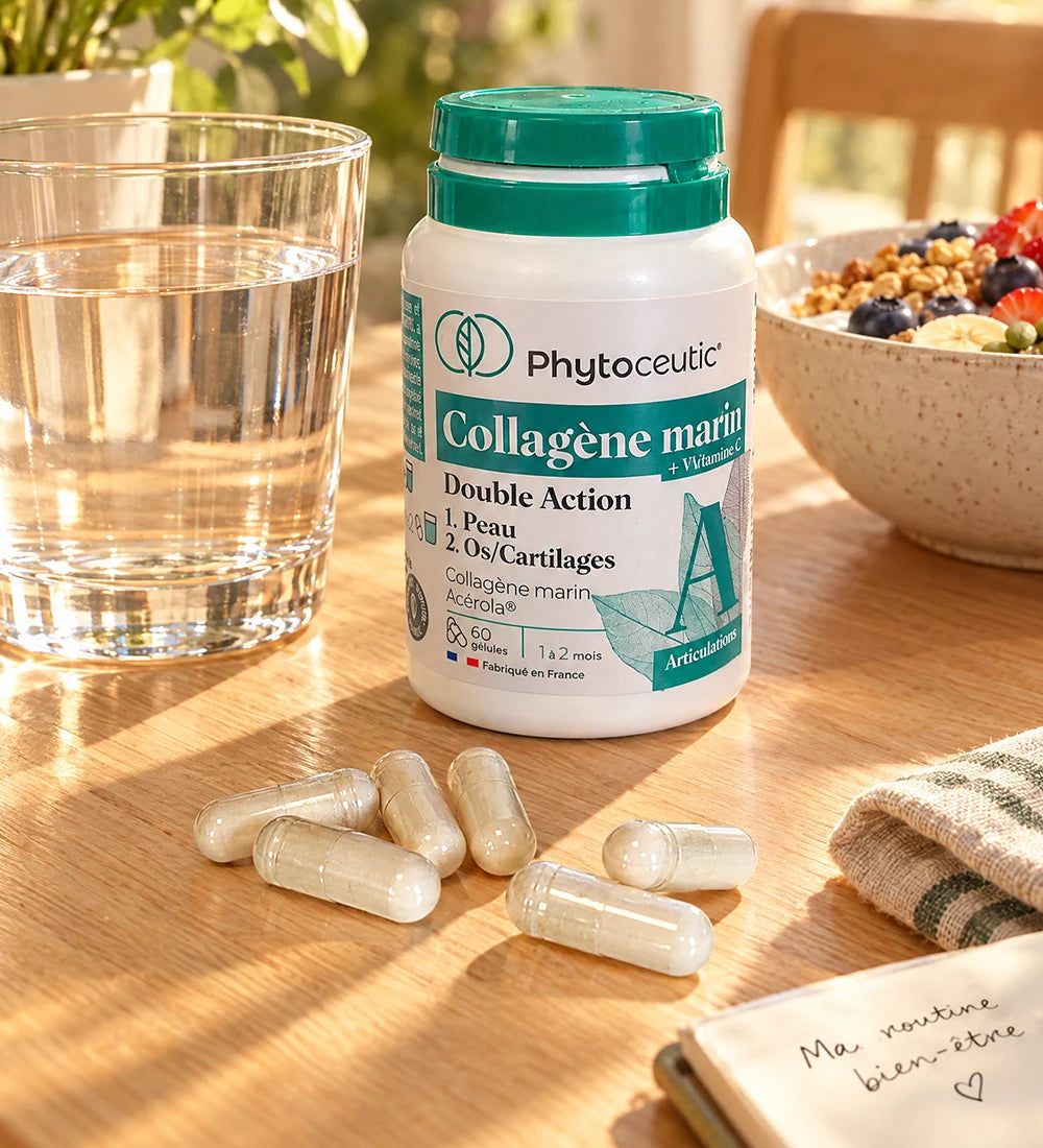 Pot de Collagène marin Phytoceutic et gélules sur une table