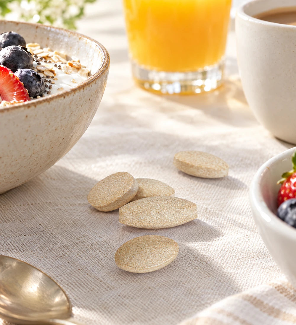 Comprimés Ménopause bio sur une table de petit-déjeuner