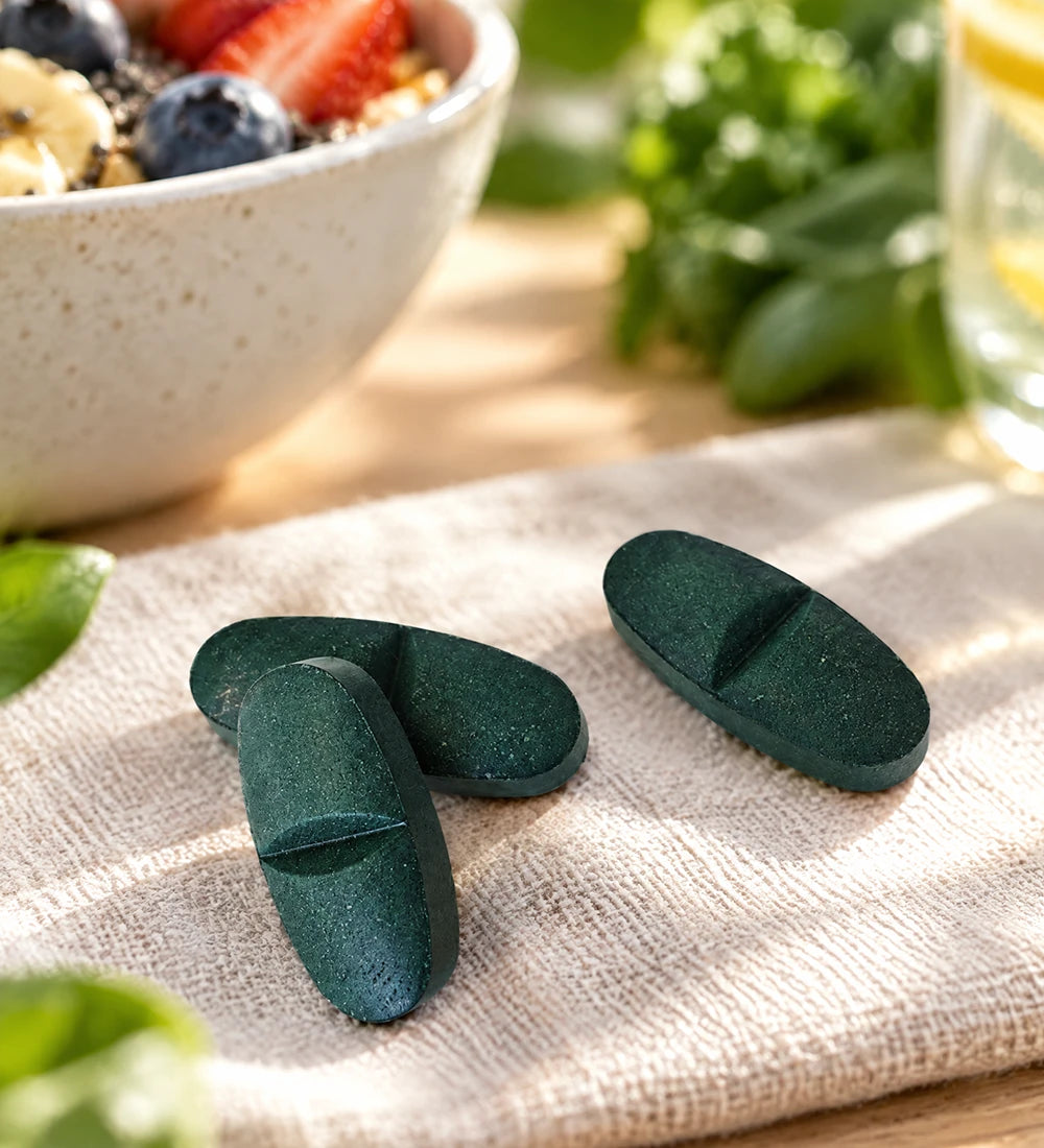 Comprimés de spiruline sur un torchon, bol de fruits en arrière-plan